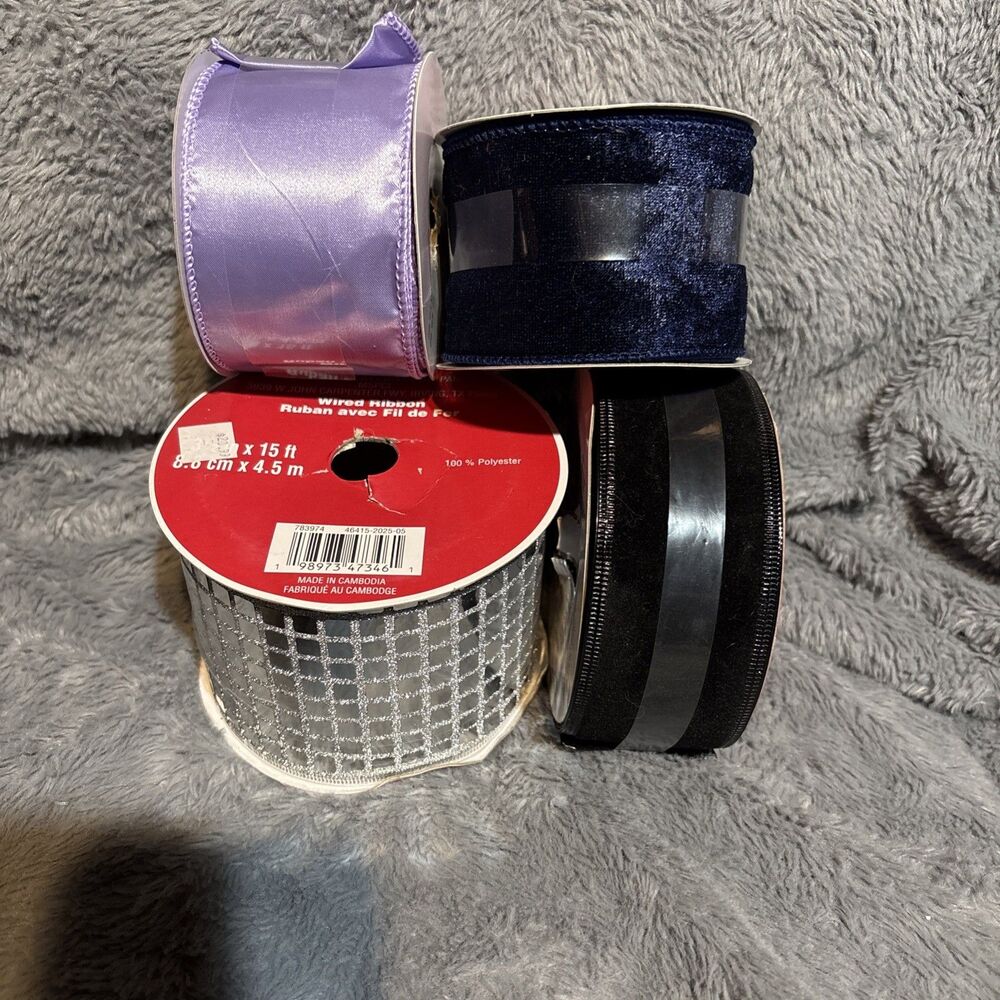 Celebrate it Christmas Wired Ribbon Lot Of 4 Black Dark Blue Lilac Silver